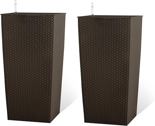 23in Tall Planter Set of 2, Large Self Watering Pots for Indoor/Outdoor Plants with Drain Holes, Water Level Monitor, Inner Bucket for Front Porch Patio, Brown Rattan