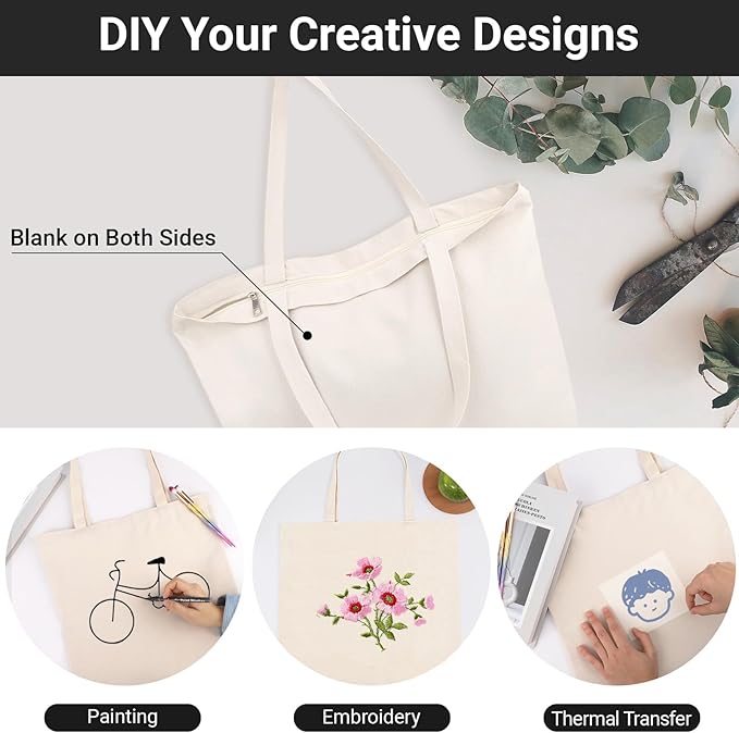 Segarty Canvas Bag with Zipper, 6 Pack 18x15in Blank Canvas Tote Bags for Women, Reusable Tote Bags Aesthetic with Natural Cotton Cloth, Shoulder Strap, Bulk for DIY Grocery Beach Travel Gift