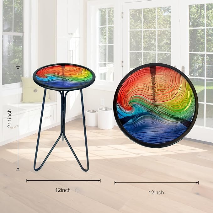 LIFFY Patio Side Tables,12" Outdoor Metal Side Table with Glass Tabletop,Indoor Small Round Decorative Plant Stand & Accent Table for Garden, Yard, Balcony, Backyard, Porch