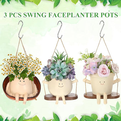 Nuogo 3 Pack Hanging Swing Chair Planter Pots Cute Wall Hanging Planter Pot Swing Face Pot with Drainage Holes Head Pots for Indoor Outdoor Plant Home Decor(Fashiom)