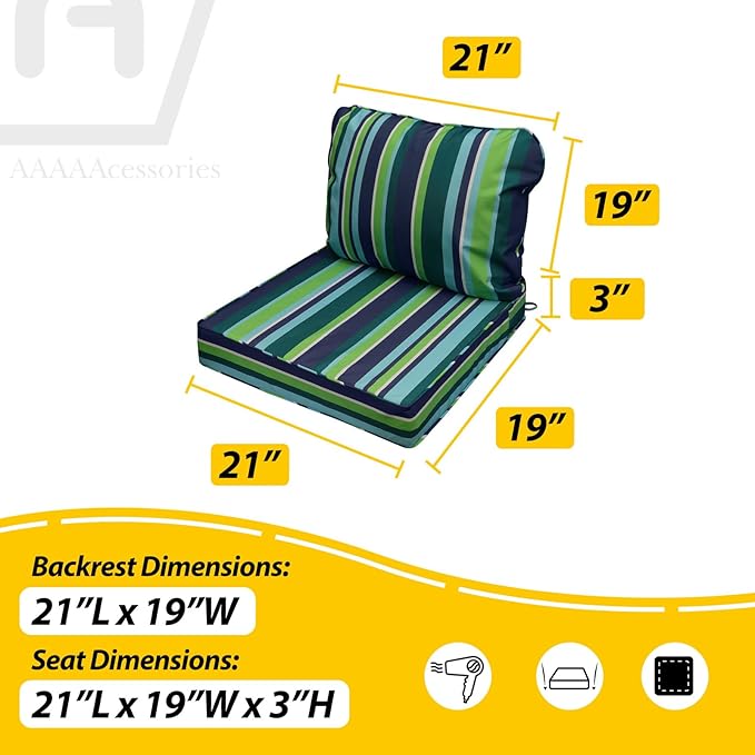 AAAAAcessories Outdoor Seat Cushions for Chairs, Fade-Resistant, Waterproof Patio Furniture Replacement Cushions, 21" x 19" x 3" + 21" x 19", Stormy Teal Coastal Stripe