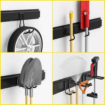 64" Wall Mount Tool Storage Rack, 15 PCS Heavy Duty Steel Yard Garden Tool Organizer, Garage Tool Organizer Wall Mounted Storage System Hold Up to 550lbs, with 2 Extension Cord