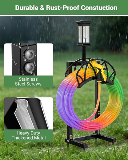 HZE Garden Hose Holder, Freestanding Water Hose Reel Stand for Outside with Solar Light, Heavy Duty Detachable Metal Storage Rack Holds 160 FT for Yard Lawn Farm, Black