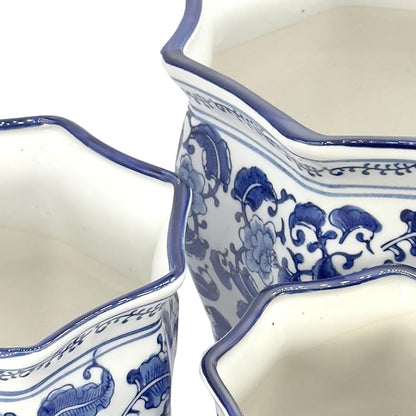 Galt International Blue & White Round Fluted Classic Floral Porcelain Ceramic Plant Flower Planter Pot Set of 3 (7.5", 10", 13") Garden Pots Chinese Asian Design
