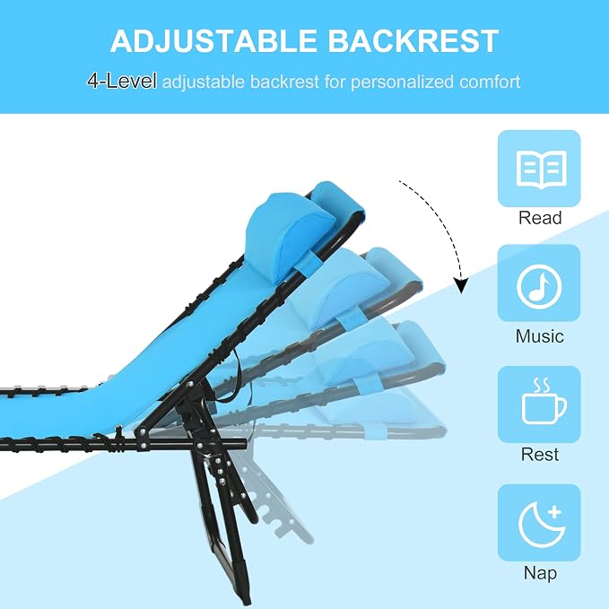 Outdoor Lounge Chair, Tanning Chair with Sunshade Roof, Adjustable Backrest Folding Chaise Lounge with Pillow Headrest for Outside, Beach, Camping, Hiking (No Sunshade Roof, Blue)