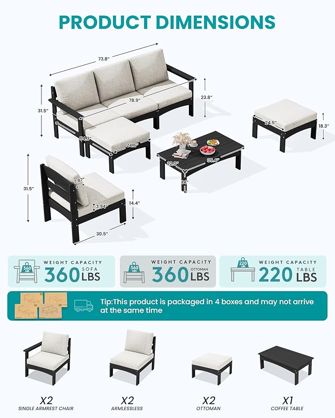 SERWALL 7 Pieces HDPE Patio Furniture Set with 15FT Double Side Patio Umbrella, Patio Conversation Set, All-Weather Modular Patio Sofa Set for Deck, Garden, Porch, Black Frame with Khaki Cushion