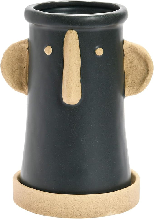 Creative Co-Op Stoneware Face Planter with Saucer, Set of 2, Matte Black and Cream, 9"