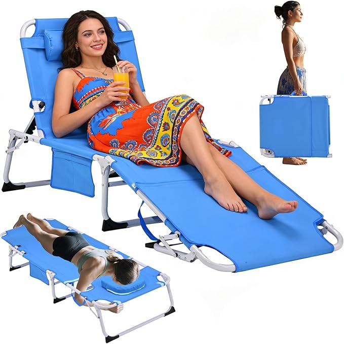 3-in-1 Heavy Duty Tanning Chair with Face Hole Adjustable 5-Position Folding Chaise Lounge Chairs Portable Lay Flat Beach Lounge Chair for Outdoor Sunbathing Patio Pool Lawn Camping Deck (Blue)