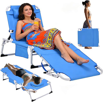 3-in-1 Heavy Duty Tanning Chair with Face Hole Adjustable 5-Position Folding Chaise Lounge Chairs Portable Lay Flat Beach Lounge Chair for Outdoor Sunbathing Patio Pool Lawn Camping Deck (Blue)