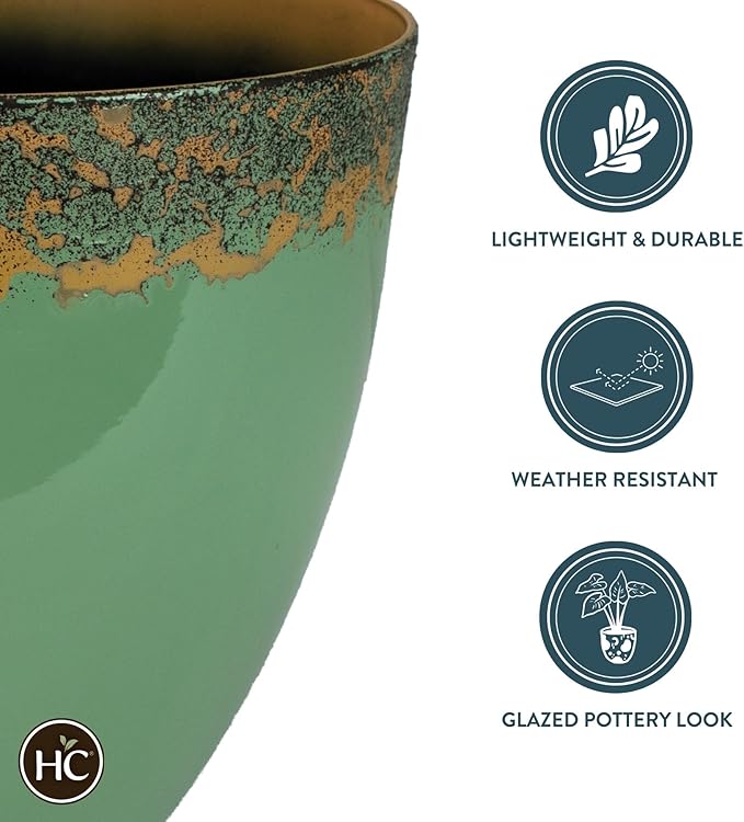 The HC Companies 11.5 Inch Seabrook Decorative Round Planter - Lightweight Premium Resin Plant Pot with a Ceramic Look for Indoor Outdoor Use, Seafoam