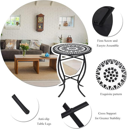 VCUTEKA Mosaic Outdoor Side Table, 14" Round Small Patio Accent Table Indoor End Table for Yard, Garden, Living Room, Bistro Balcony or Lawn Black