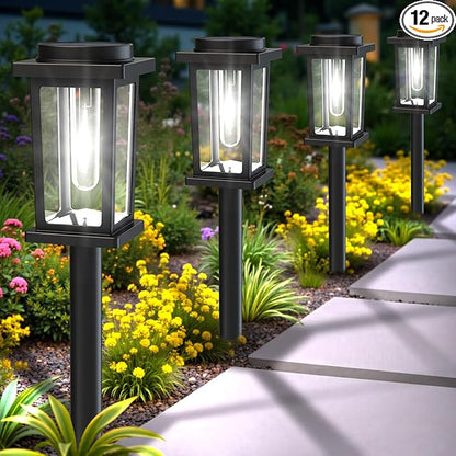 Melunar Solar Pathway Lights Outdoor, 12 Pack Solar Powered Garden Lights Waterproof, Auto On/Off Outdoor Landscape Lights for Patio, Walkway, Driveway, Lawn, Pool Decor. (Cold White)