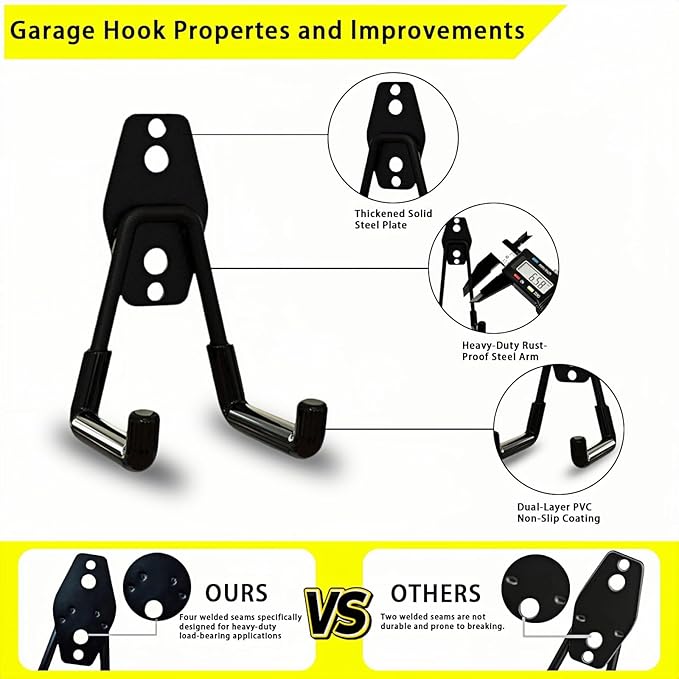 4 Pack Garage Hooks Heavy Duty with Anti-Slip Coating, Steel Utility Ladder Hooks for Hanging Garden Tools, Hoses, Ropes, Bikes and More (3in)