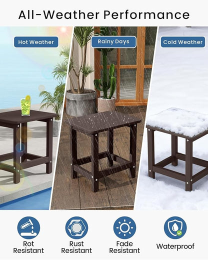 Weatherproof Outdoor Side Table, HDPE Small Outdoor Table for Adirondack, 16.6-Inch Patio Square End Tables for Garden, Backyard, Porch, Deck, Balcony, Poolside (Coffee)