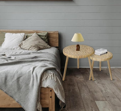 Round Coffee Table Set of 2, Farmhouse Nesting Coffee Table, Small Circle Wood Coffee Table, Mid Century Modern Nightstand, Boho Patio Side Table End Tables for Living Room Bedroom Balcony Outdoor