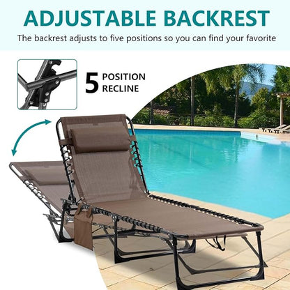 Portable Foldable Sun Tanning Chair, Heavy Duty Adjustable Folding Laying Out Chairs for Tanning, Beach Lounge Chairs for Adults for Outdoor Sunbathing Patio Pool Lawn Camping Deck (Brown)
