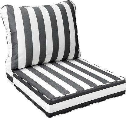 AAAAAcessories Outdoor Seat Cushions for Chairs, Fade-Resistant, Waterproof Patio Furniture Replacement Cushions, 23.5" x 25.5" x 5" + 23.5" x 19", Gray Cabana Stripe