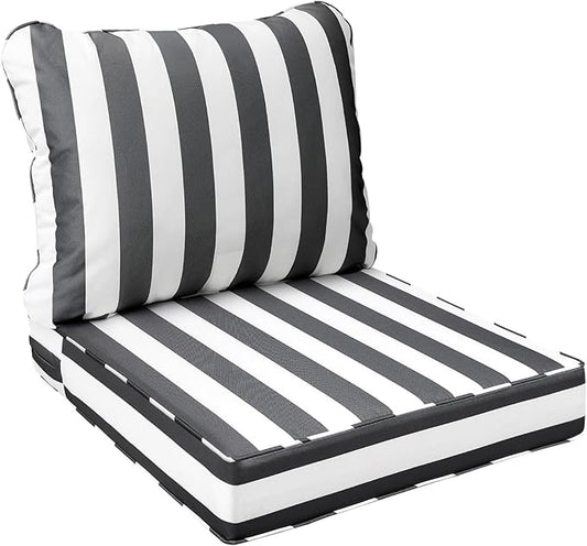 AAAAAcessories Outdoor Seat Cushions for Chairs, Fade-Resistant, Waterproof Patio Furniture Replacement Cushions, 23.5" x 25.5" x 5" + 23.5" x 19", Gray Cabana Stripe