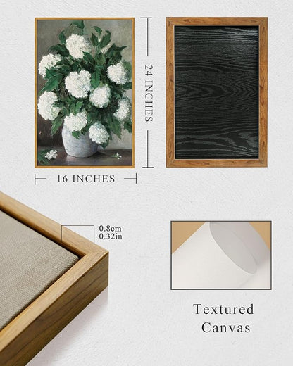 InSimSea Framed Canvas Prints Art Vintage Decor, Flower Wall Art Home Decor, White Hydrangea Paintings Large Prints, Botanical Floral Wall Decoration for Living Room Bathroom Office, 16"x24"