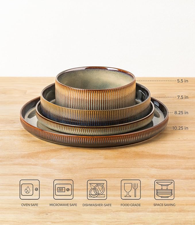 TheTerra Ceramic Dinnerware Sets for 4, 16 Pieces Porcelain Lightweight Plates and Bowls Sets, Scratch Resistant Dish Set, Oven & Microwave & Dishwasher Safe, Coca Mocha