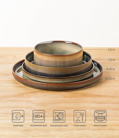 TheTerra Ceramic Dinnerware Sets for 4, 16 Pieces Porcelain Lightweight Plates and Bowls Sets, Scratch Resistant Dish Set, Oven & Microwave & Dishwasher Safe, Coca Mocha