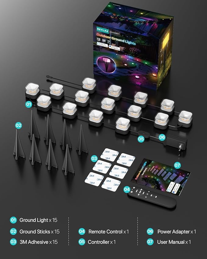 REYLAX 50FT Outdoor Ground Lights 15 Pack, RGB Garden Lights with Warm White and Cool White, IP67 Waterproof Pathway Light, Music Sync Timing, App & Remote Control, Works with Alexa Google Assistant