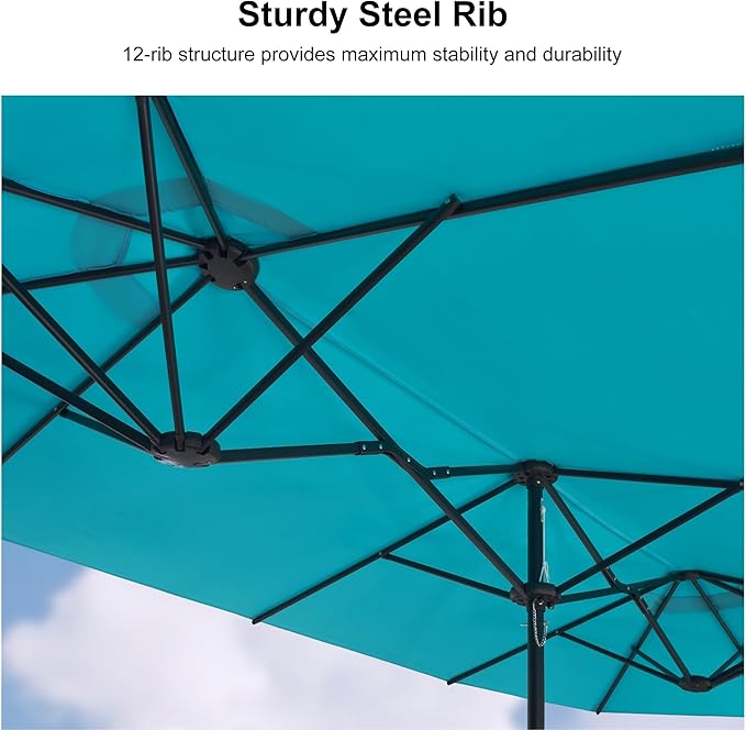 PURPLE LEAF 13ft Patio Market Umbrella with Base Double-Sided Rectangle Outdoor Table Sun Umbrellas with Crank 12 Heavy Duty Sturdy Ribs for Pool Beach Deck Backyard Turquoise Blue
