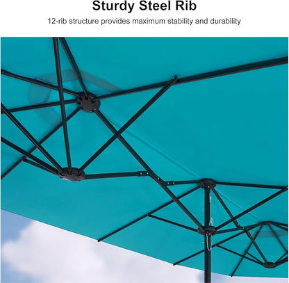 PURPLE LEAF 13ft Patio Market Umbrella with Base Double-Sided Rectangle Outdoor Table Sun Umbrellas with Crank 12 Heavy Duty Sturdy Ribs for Pool Beach Deck Backyard Turquoise Blue
