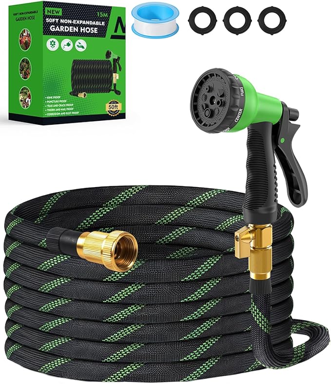 50ft Garden Hose, Non-Expandable Water Hose with 8 Function Spray Nozzle, Lightweight, Knik-Free, Burst-Resistant, Durable & Flexible 3/4" Garden Hose for Lawn, House Cleaning, Car Washing