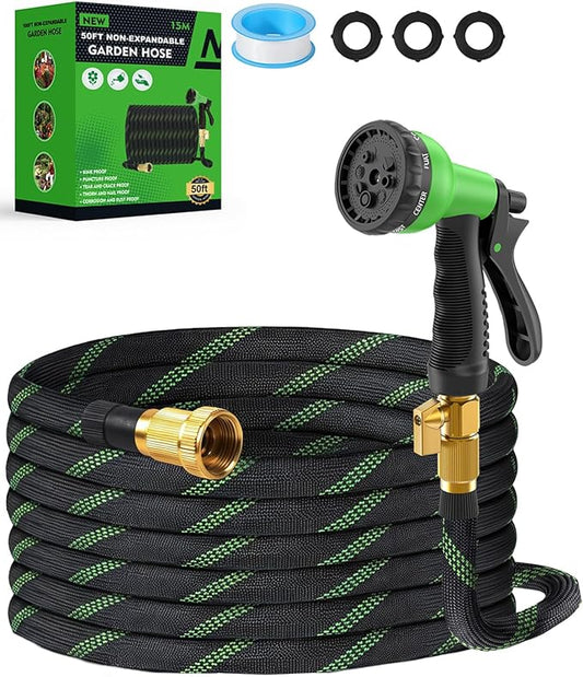 50ft Garden Hose, Non-Expandable Water Hose with 8 Function Spray Nozzle, Lightweight, Knik-Free, Burst-Resistant, Durable & Flexible 3/4" Garden Hose for Lawn, House Cleaning, Car Washing