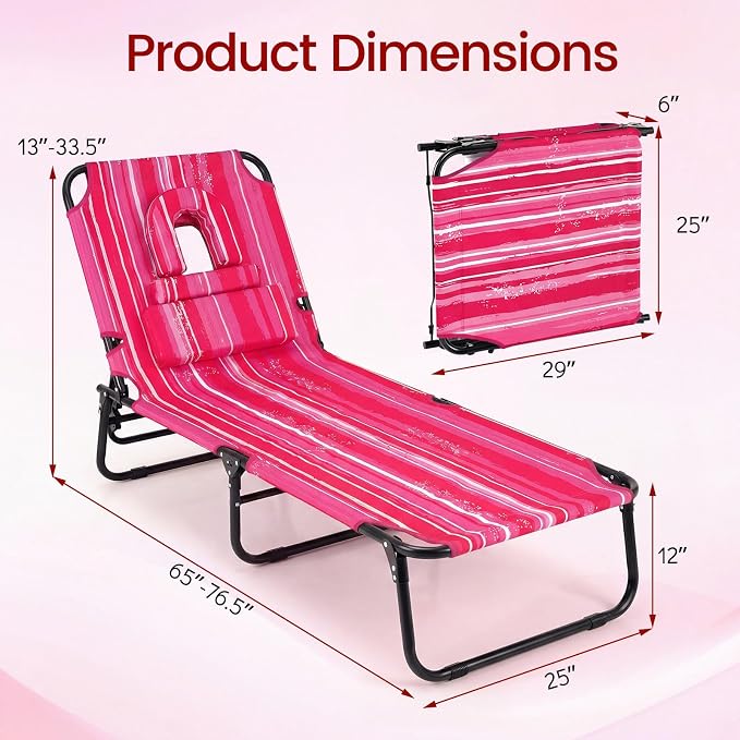 Giantex 2-Pack Tanning Chair, 350lbs Adjustable Patio Lounge Chair w/Face Hole, Removable Pillows, Carry Strap, Outdoor Folding Chaise Lounge for Layout Beach Poolside Lawn, Stripe Pink