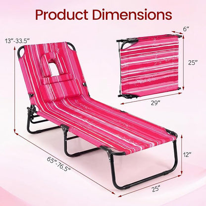 Giantex Tanning Chair, 350lbs Adjustable Patio Lounge Chair w/Face Hole, Removable Pillows, Carry Strap, Folding, Outdoor Chaise Lounge for Layout Beach Poolside Lawn (1, Stripe Pink)