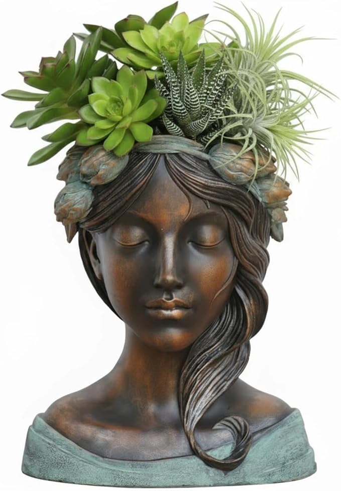 DiliComing Head Planter Face Plant Pots - 10 Inch Flower Pot Succulents Large Outdoor Planters Indoor with Drainage Resin Lady Black Statue for Garden Home Decor Porch Gift for Plant Lovers
