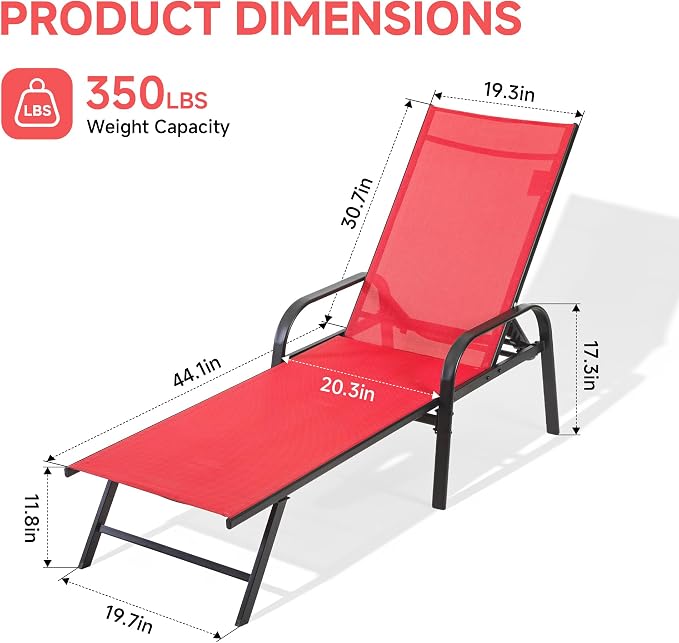 NEWBULIG Outdoor Lounge Chair for Pool, Chaise Lounge Chairs with 5 Position Recliner,350 lbs Heavy Duty Patio Pool Chairs, Outdoor Sun Chairs with Metal Frame for Backyard, Red