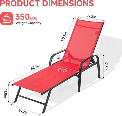 NEWBULIG Outdoor Lounge Chair for Pool, Chaise Lounge Chairs with 5 Position Recliner,350 lbs Heavy Duty Patio Pool Chairs, Outdoor Sun Chairs with Metal Frame for Backyard, Red