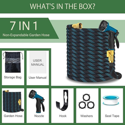 Garden Hose Non-Expandable 75 ft, Lightweight Flexible Water Hose with 10 Function Spray Nozzle, Outdoor Leak Proof, Kink-Free, Portable Hose for Yard, Lawn, Camper, High-Density Fabric, Black Blue