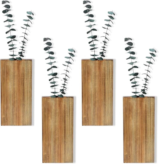 Wood Wall Planters 4 Pack Wood Wall Decor for Dried Flowers and Artificial Greenery Plants - Pocket Wall Vases Hanging Planters for Living Room, Bedroom, Home Decor - Brown