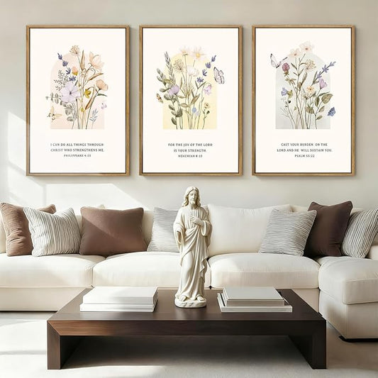 IARTTOP Large Christian Easter Wall Art Framed 16x24 Inch Set of 3 Floral Bible Verse Scripture Artwork Minimalist Botanical Religious Canvas Wall Decor for Church Living room Bedroom