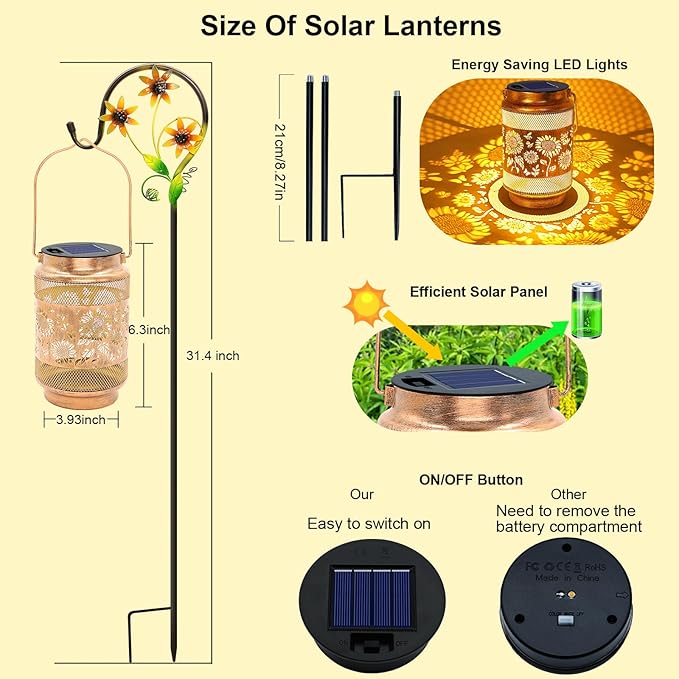 Sunflower Solar Lanterns Outdoor Waterproof with Shepherd Hook, Sunflower Gifts for Mothers Day Birthday Women Mom Grandma, Metal Solar Hanging Lights Garden Decor for Outside Yard Patio Pathway