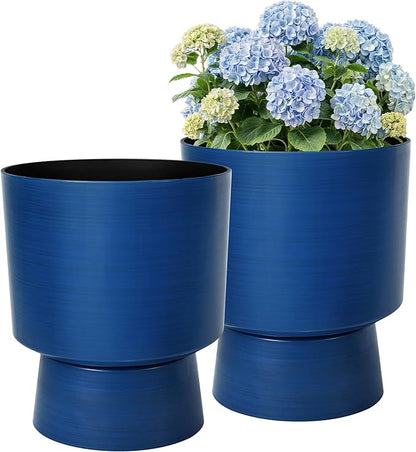 16.8" 2-Pack Urn Planters for Outdoor Indoor Plants, Modern 2-in-1 Large Flower Pots with Detachable Base, Drainage Holes, Weather-Resistant for Garden Patio Home Office Decor, Brushed Blue