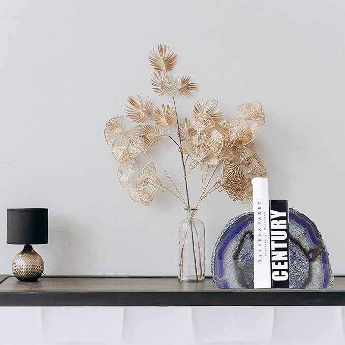 JIC Gem Dyed Purple Natural Agate Bookends Polished Stone Book Ends Crystal Geode Bookends for Shelves to Hold Books with Rubber Bumpers(1 Pair, 3-4 LBS)