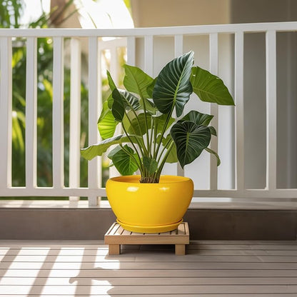 Indoor Planter 11 Inch - Decorative Mid-Century Large Ceramic Plant Pot for Outdoor Plants with Drainage Hole and Saucer, Home Balcony House Garden Patio Office Room Decor, Yellow