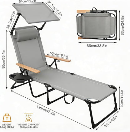 Folding Lounge Chair with Canopy, Tanning Chair with 4-Position Reclining Back, Folding Sun Lounger, Outdoor Lounge Chair for Beach, Poolside, Backyard, Camping, UPF 50+ Sun Shade, 300 LBS