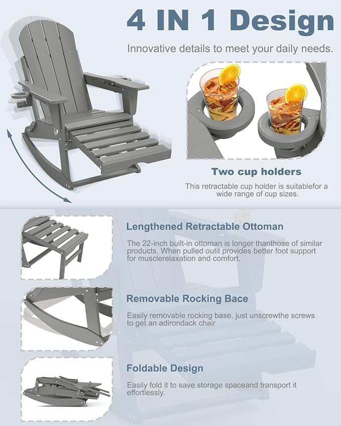 Adirondack Rocking Chairs Set of 8 with Retractable Ottoman, All Weather Folding Adirondack Chair with Two Cup Holders, Adirondack Outdoor Rocking Chairs for Porch, Patio, Balcony. White Grey