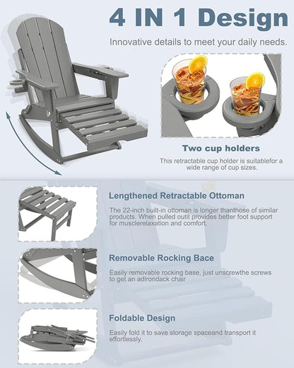 Adirondack Rocking Chairs Set of 8 with Retractable Ottoman, All Weather Folding Adirondack Chair with Two Cup Holders, Adirondack Outdoor Rocking Chairs for Porch, Patio, Balcony. White Grey