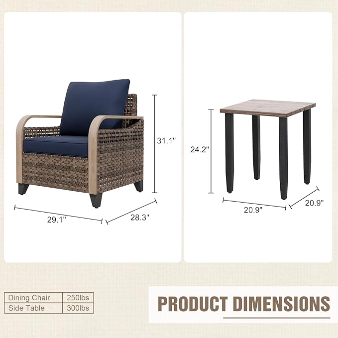 Modern Wicker Bistro Table and Chairs Set, Rattan Outdoor Bistro Set for Patio, Wicker Patio Chairs & Table, 3 Pieces, Brown/Blue
