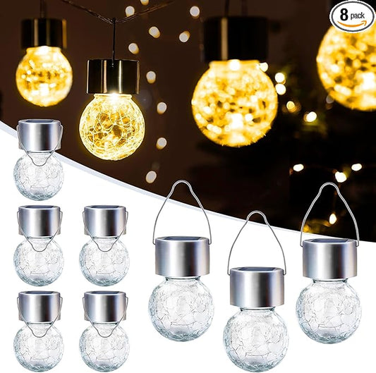 GIGALUMI Solar Lights Outdoor Waterproof, 8 Pack Solar Hanging Lights Garden Decor, Gifts for Women, Solar Outdoor Lantern Waterproof Cracked Glass for Yard, Fence, Tree(Warm White)