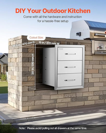 VEVOR Outdoor Kitchen Drawer Cabinets 16" W x 21.5" H x 18" D, BBQ Drawer Stainless Steel, Flush Mount Triple Access, with Handle, BBQ Island, Outdoor Grill Patio Grill Station