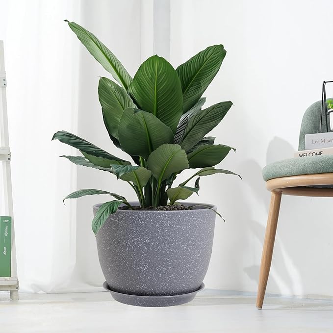 12/10/9 Large Modern Plant Pots, Plastic Planters with Drainage Holes and Saucers for Indoor Outdoor Plants Flowers, Grey Speckles