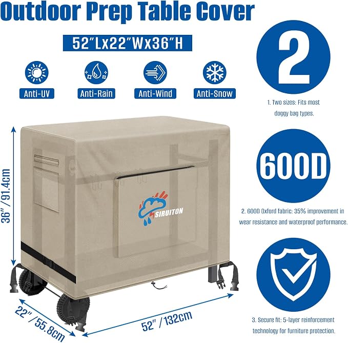 SIRUITON Outdoor Bar Cart Cover for 52 Inch BBQ Food Prep Table, Heavy Duty 600D Oxford Fabric Outdoor Dining Cart/BBQ/Worktable Metal Movable Table Waterproof Cover